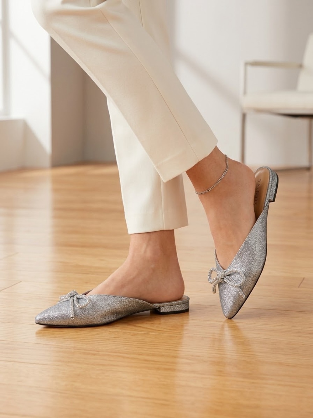 Talbots Silver Glitter Pointed-Toe Bow Mules